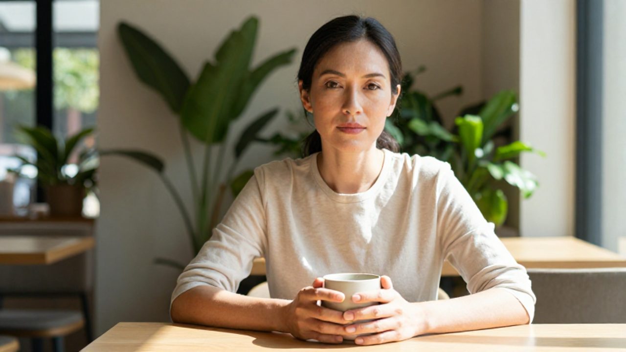 Mujer de unos 30 años con expresión serena y decidida que sostiene una taza de café en una cafetería iluminada por el sol.