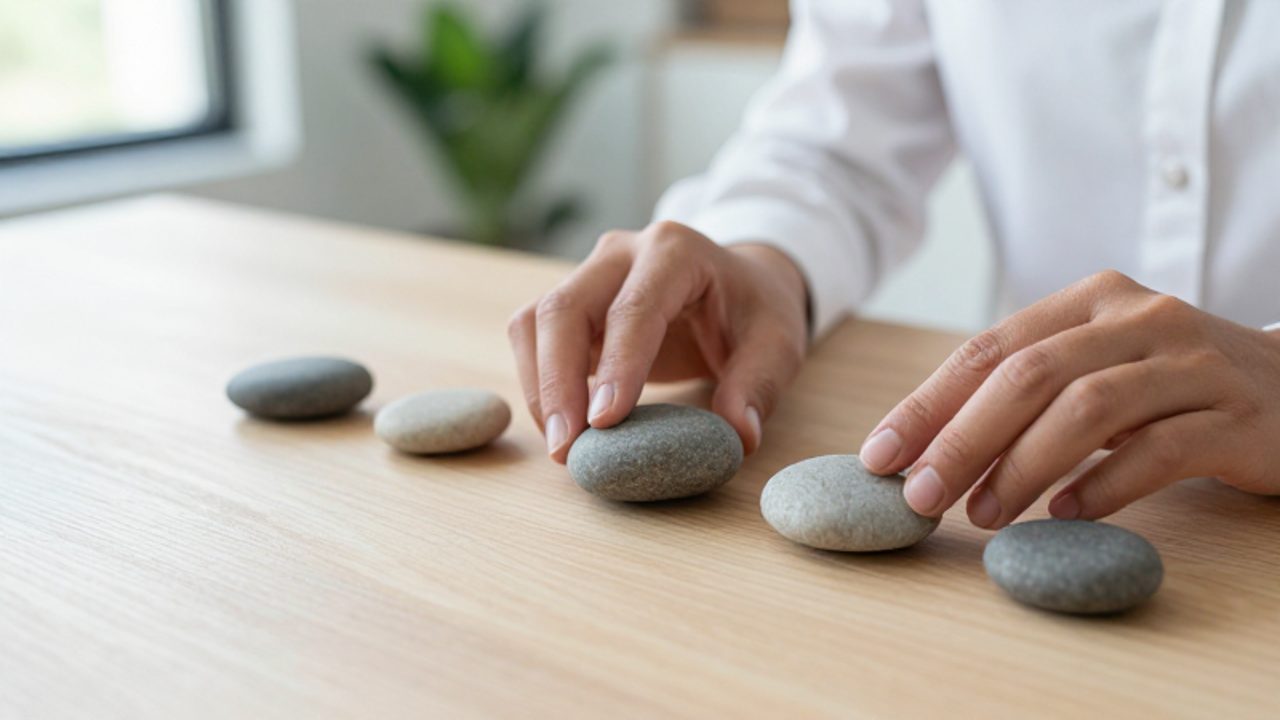 Manos organizando piedras de diferentes tamaños sobre una mesa de madera para representar la priorización de valores.
