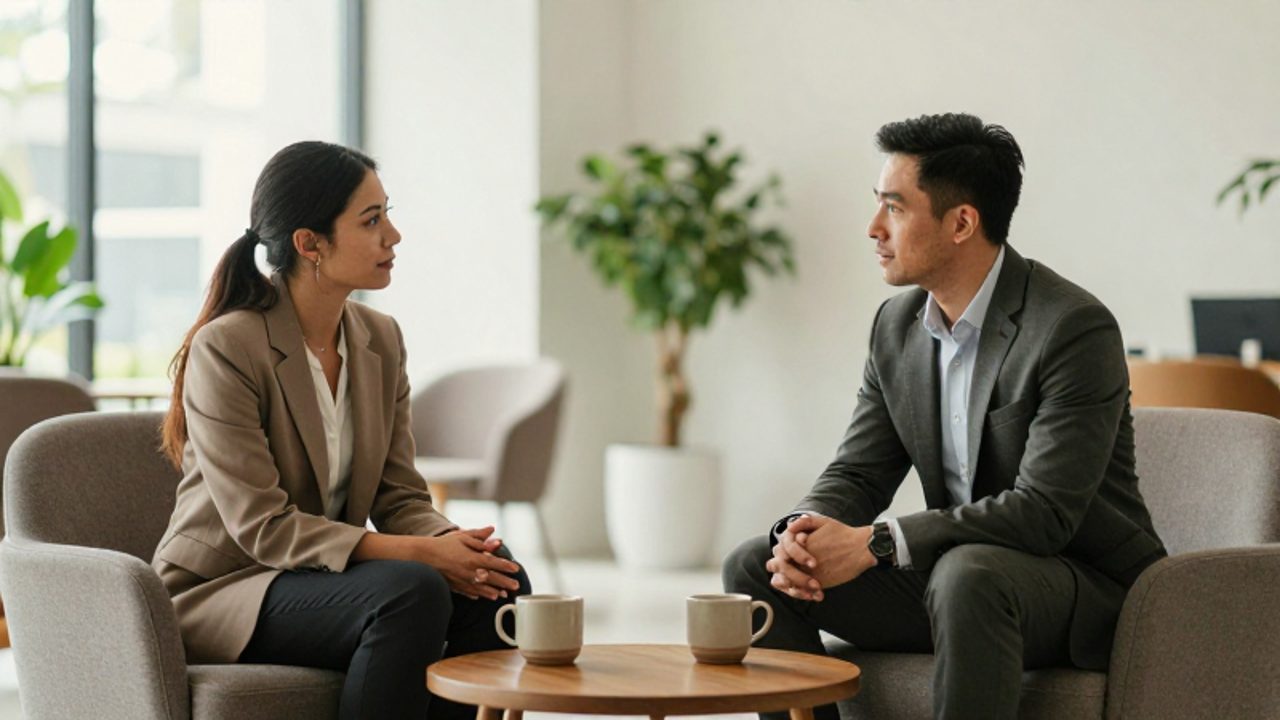 Dos colegas mantienen una conversación empática y respetuosa en un entorno de oficina luminoso y relajado.