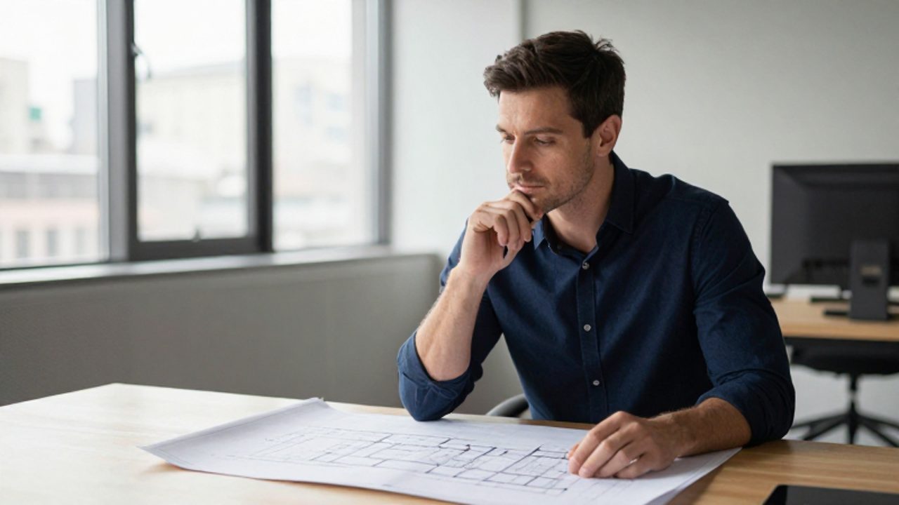 Un hombre profesional analiza con calma unos planos arquitectónicos en un escritorio de oficina moderno, transmitiendo una actitud reflexiva y equilibrada.