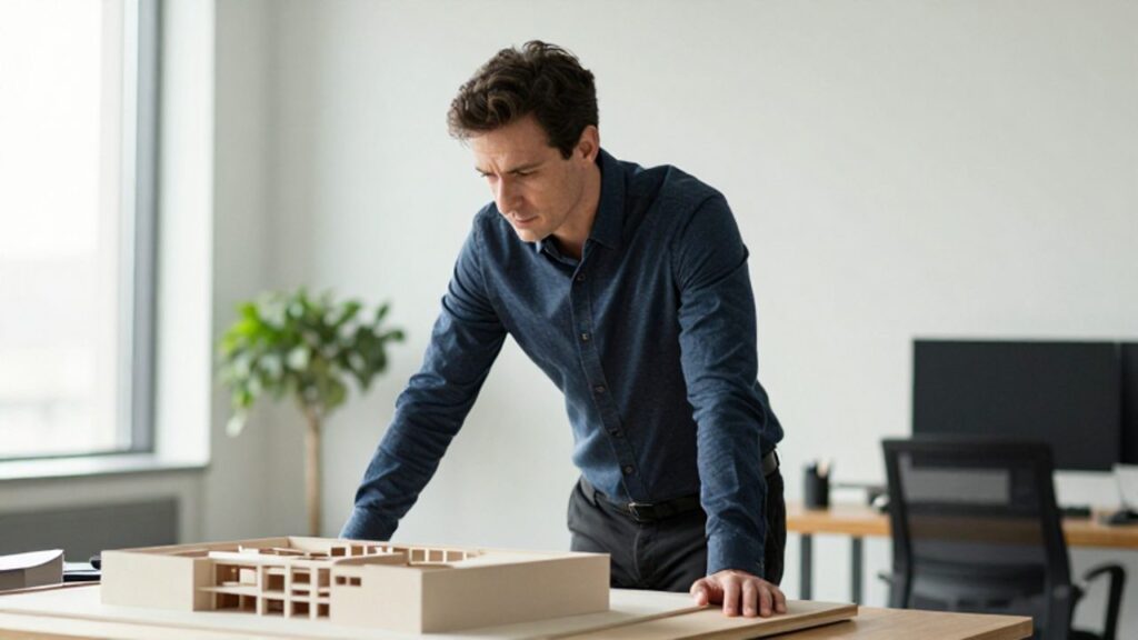 Hombre de mediana edad con expresión reflexiva analiza con calma una maqueta arquitectónica en una oficina moderna y luminosa.