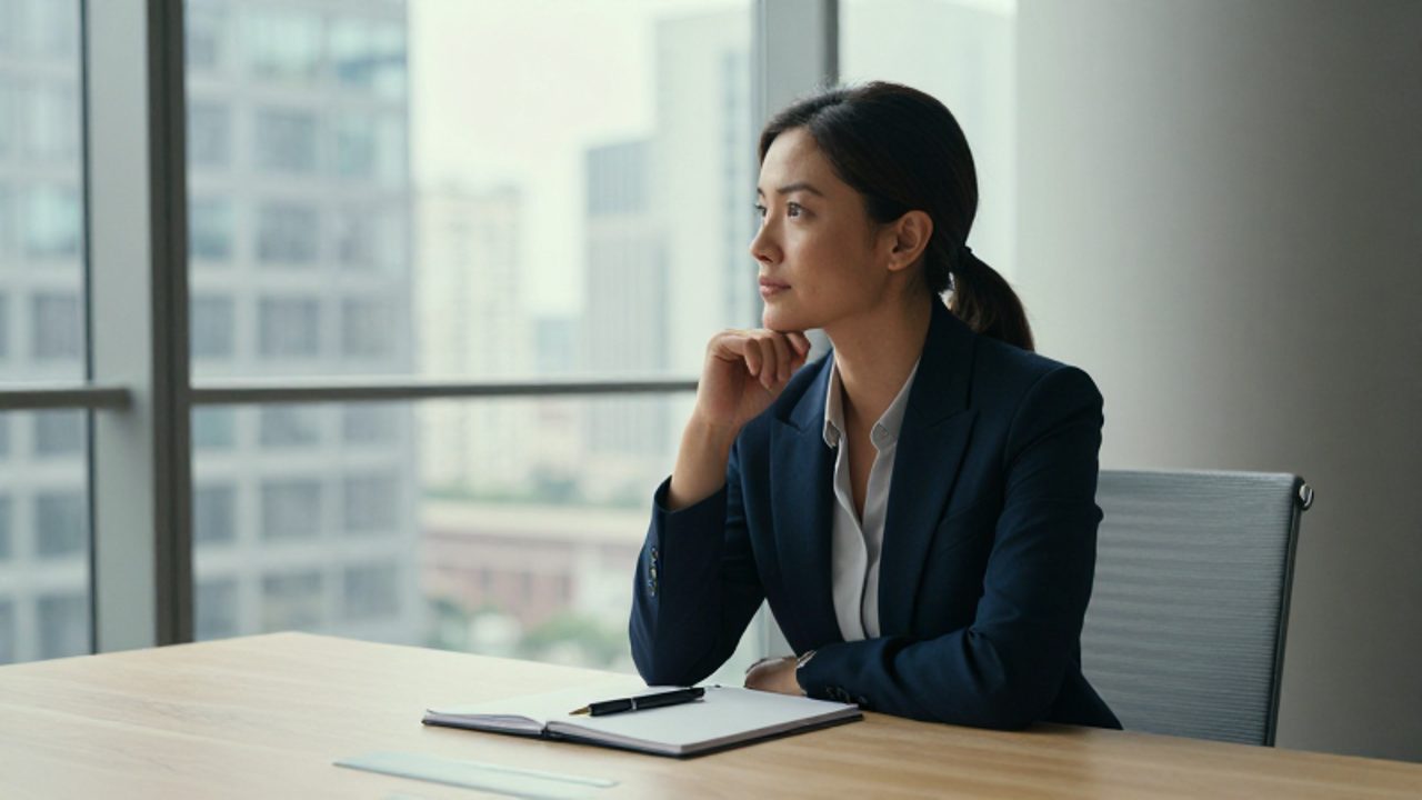 Mujer profesional sentada en un escritorio minimalista, mirando pensativa hacia un ventanal con vistas a una ciudad.