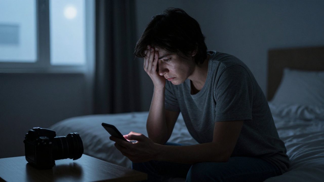 Persona sentada en el borde de la cama en una habitación oscura, mirando con ansiedad y tensión un teléfono móvil sobre la mesita de noche.
