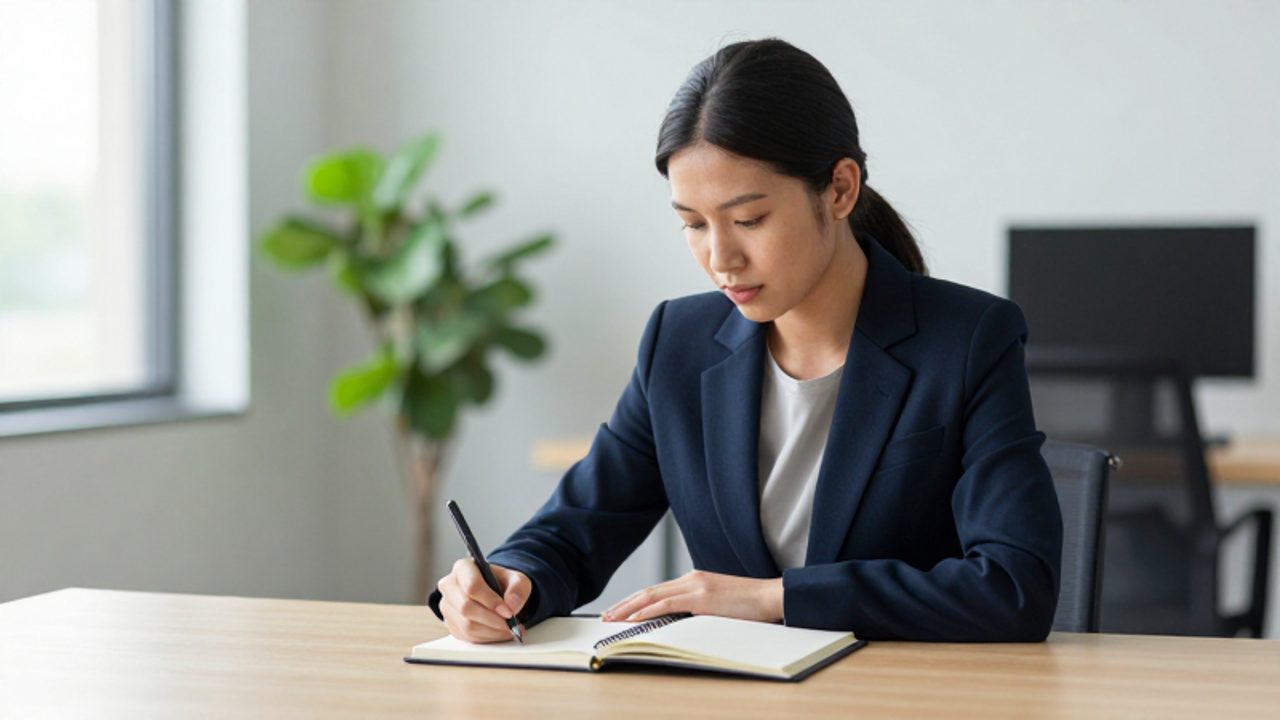 Persona joven en una oficina luminosa escribiendo con concentración en un cuaderno sobre su escritorio.