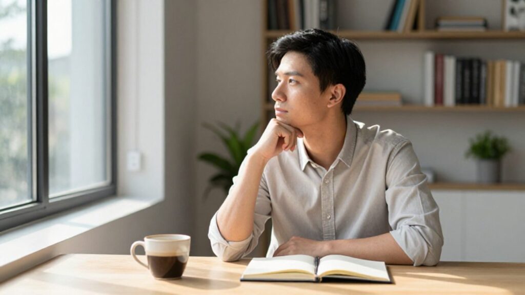 Un joven profesional con expresión reflexiva contempla por la ventana de su oficina iluminada mientras descansa frente a un cuaderno y una taza de café.