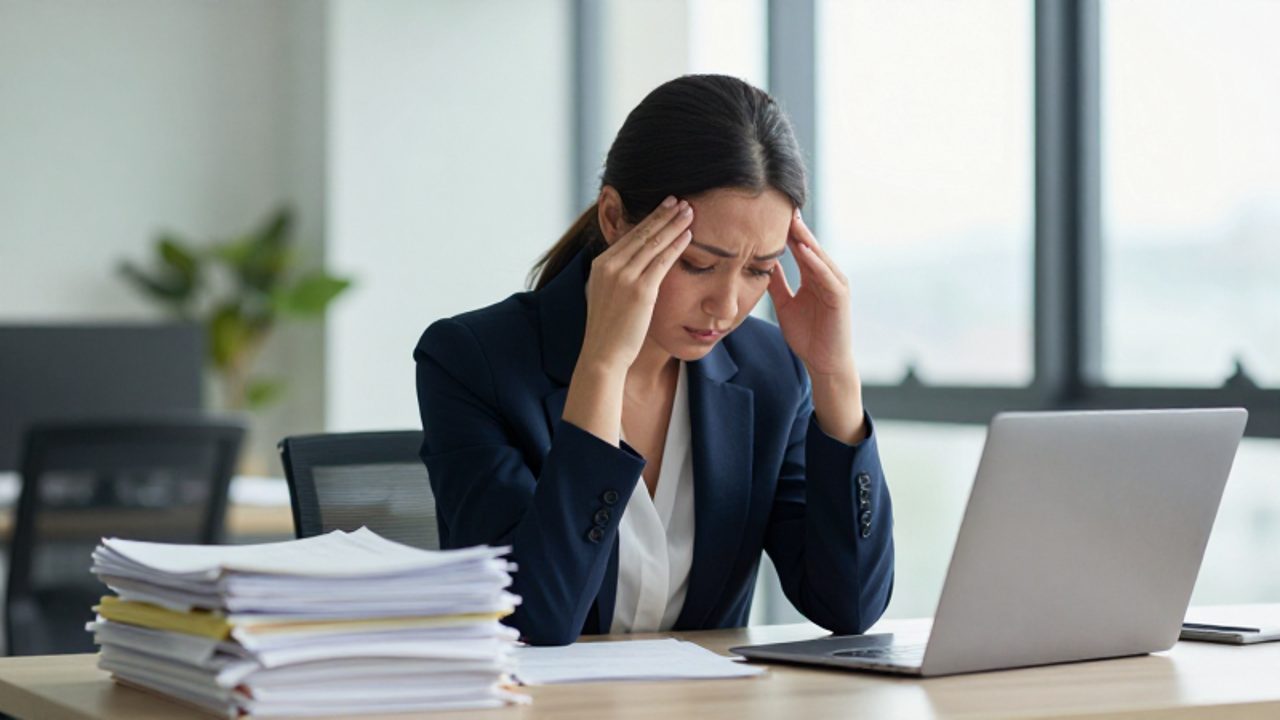 Mujer profesional sentada ante su escritorio de oficina con expresión de agobio y cansancio mental.