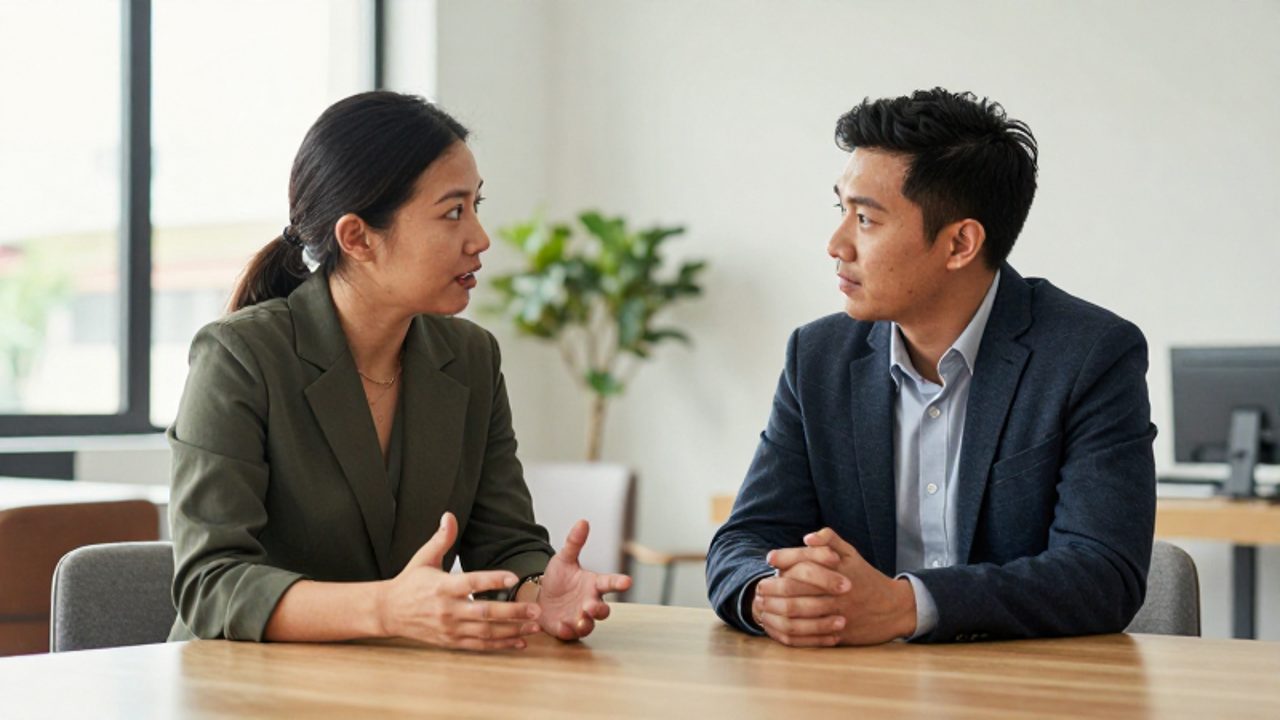 Dos profesionales mantienen una conversación calmada y empática en una oficina luminosa, representando el acto de solicitar y recibir apoyo.