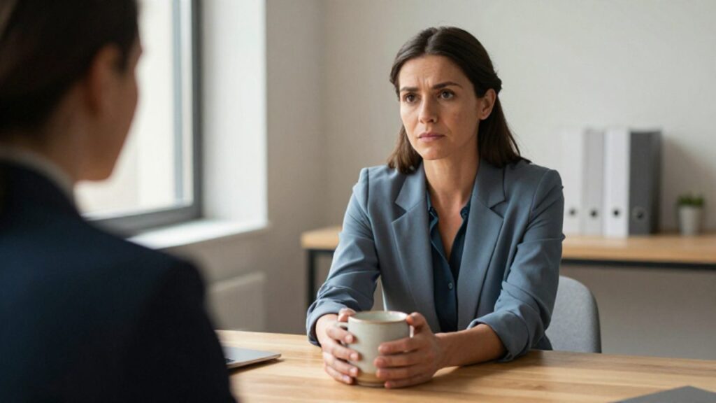 Mujer en una oficina luminosa que sostiene una taza con ambas manos con expresión de alivio mientras conversa con una persona de fondo en un ambiente de apoyo.