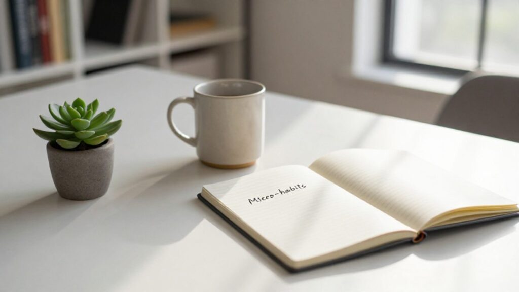 Persona trabajando con calma en un escritorio minimalista y ordenado junto a una pequeña planta y una taza de café en una oficina luminosa.