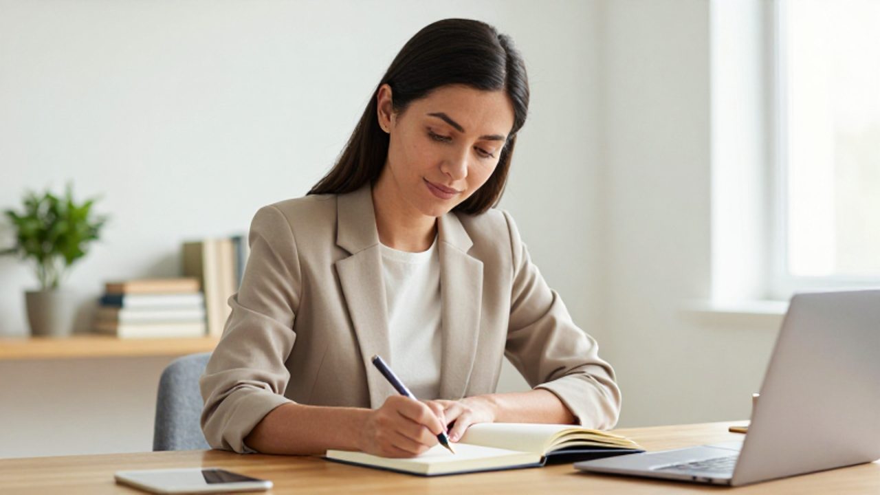Mujer profesional escribe con serenidad en una libreta dentro de una oficina luminosa y ordenada.