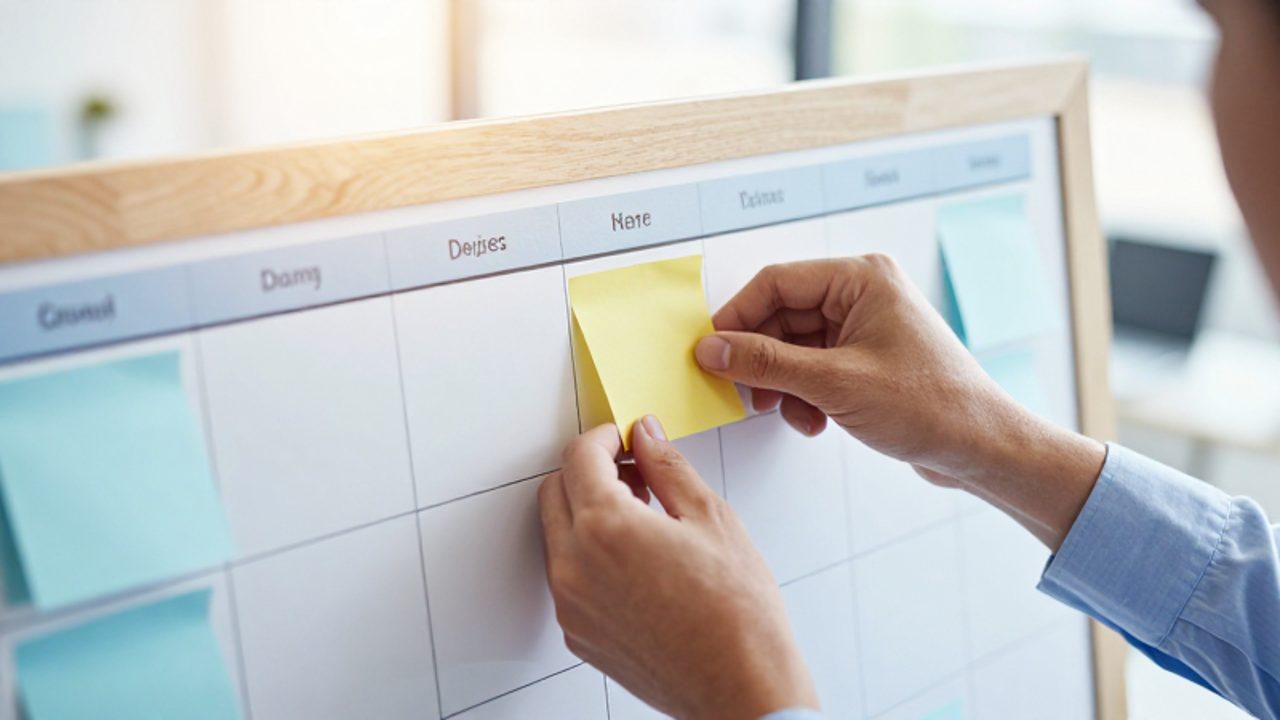 Manos de una persona colocando una nota adhesiva de color en un tablero Kanban organizado para representar el progreso y el orden.