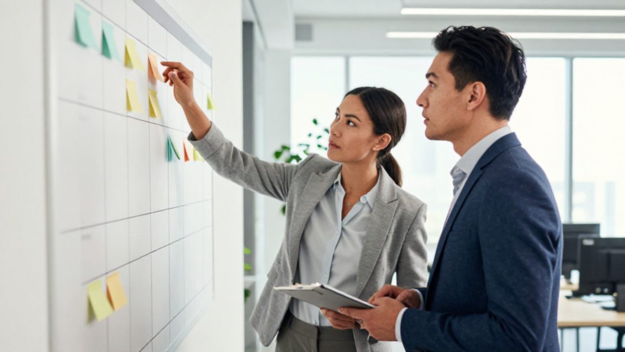 Dos colegas discuten frente a un tablero Kanban con notas adhesivas de colores en una oficina luminosa y organizada.