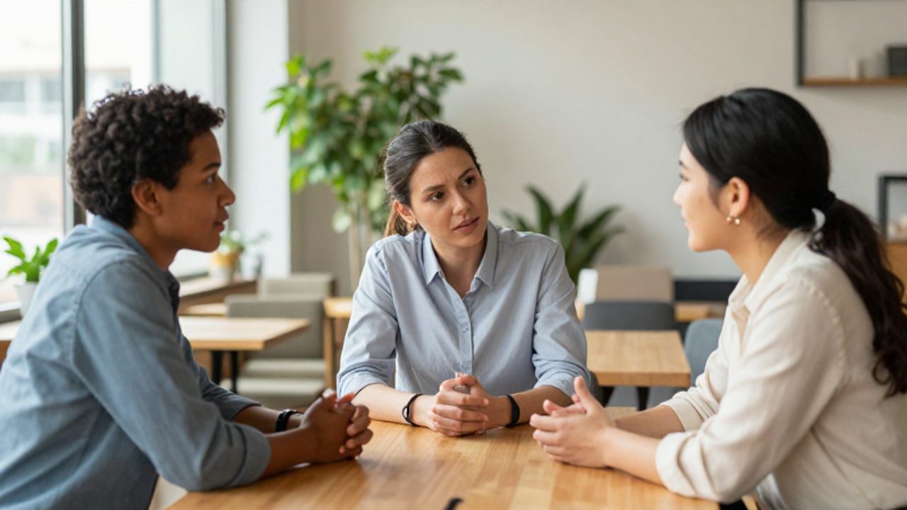Tres colegas conversan con actitud empática y de apoyo en una oficina moderna y luminosa.