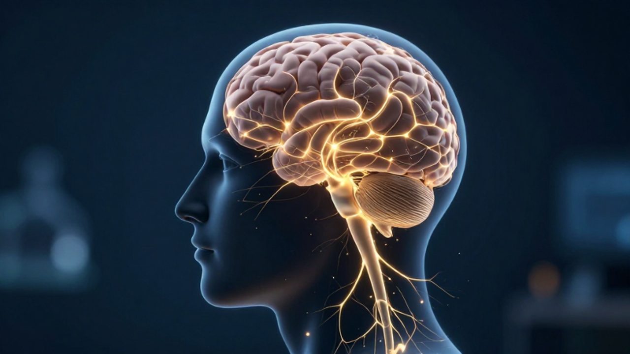 Perfil humano en silueta con una red de conexiones neuronales brillantes y doradas que representan la actividad sináptica en el cerebro.