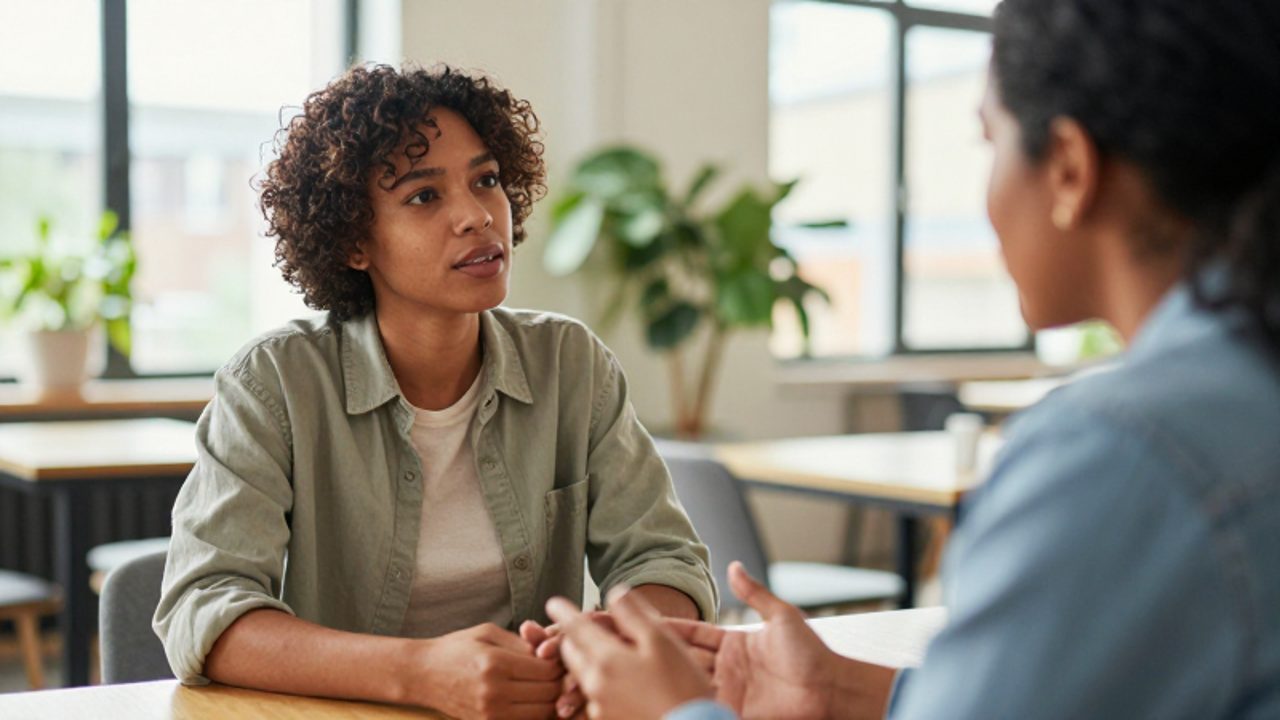 Dos personas mantienen una conversación empática y cercana en un centro comunitario luminoso, simbolizando el apoyo social y la integración.