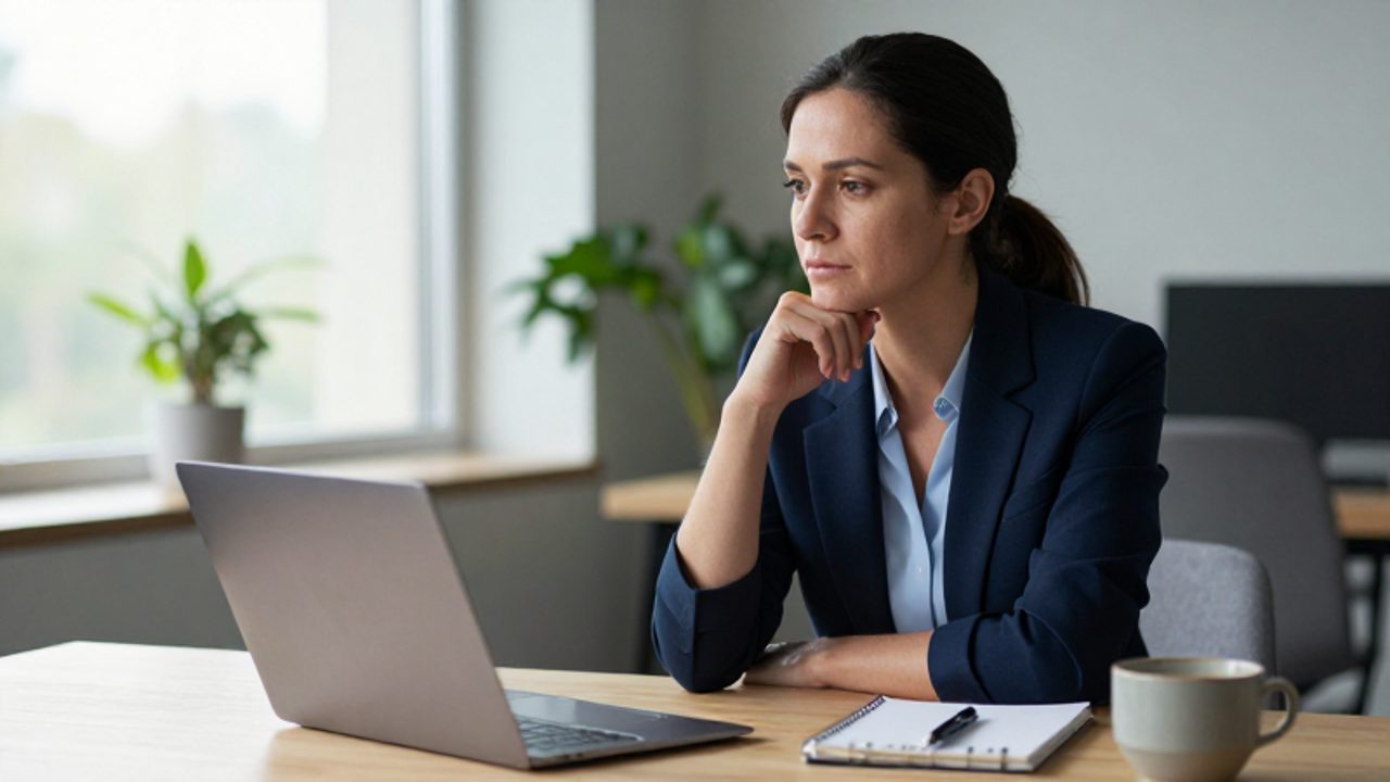Mujer profesional sentada en un escritorio luminoso, mirando pensativamente hacia la ventana con expresión tranquila y serena.