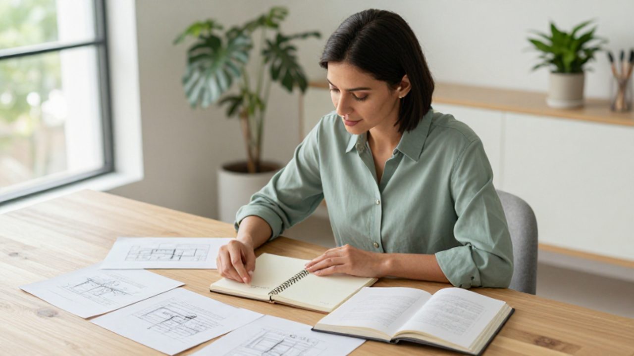Persona concentrada revisando con calma sus diarios y bocetos en un escritorio ordenado, reflejando un momento de autorreflexión y confianza.