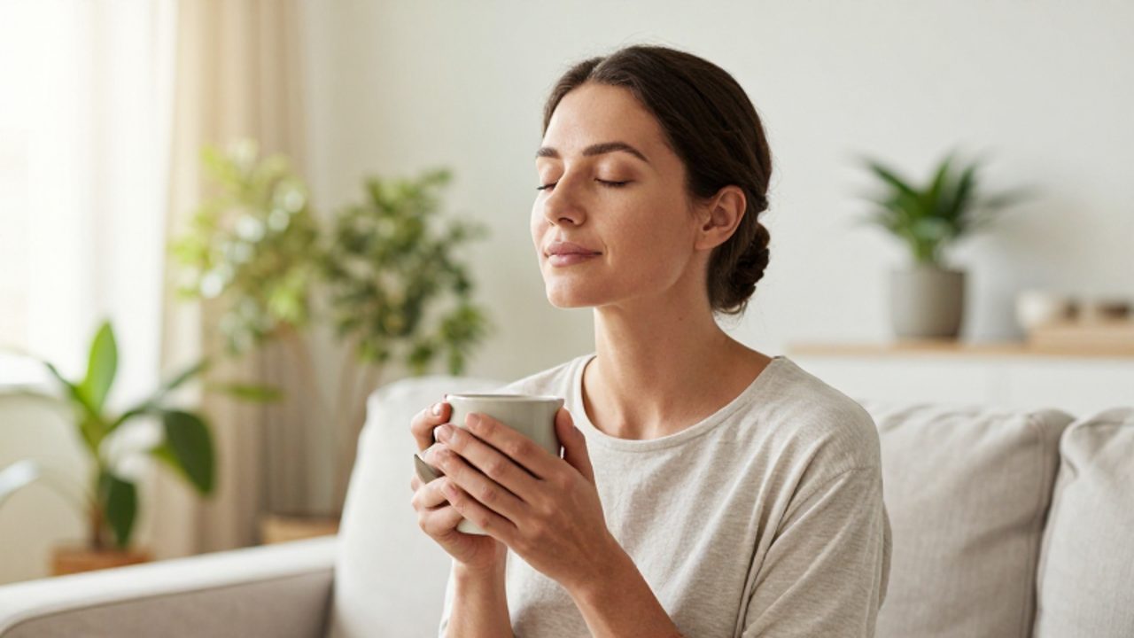 Mujer con los ojos cerrados sentada en un salón luminoso, sosteniendo una taza con ambas manos en un momento de introspección y calma.