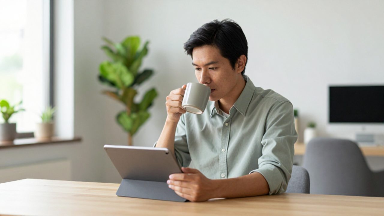 Persona trabajando con calma en un escritorio despejado de una oficina en casa luminosa, sosteniendo una taza de café mientras revisa una tableta.