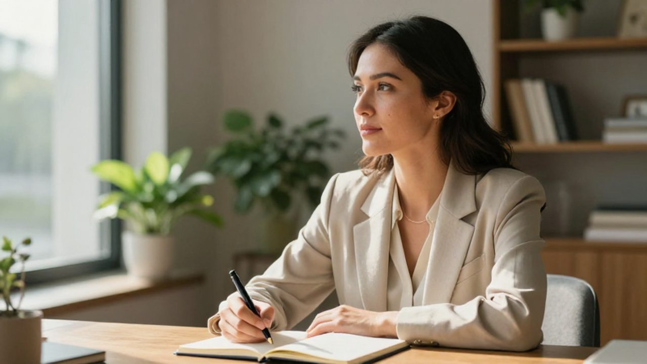 Mujer sentada frente a un escritorio con un diario abierto, mirando pensativa hacia una ventana en un estudio luminoso y tranquilo.