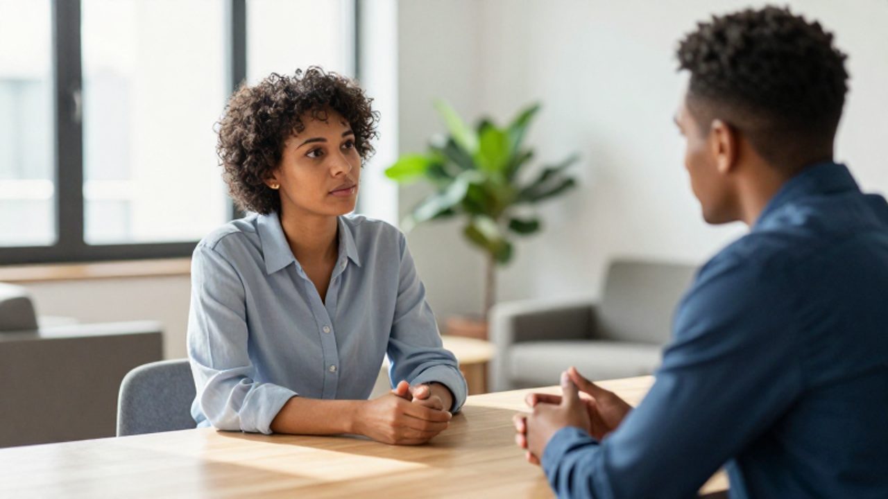 Dos colegas conversan con atención y empatía en una oficina luminosa, reflejando el apoyo emocional y la conexión social.