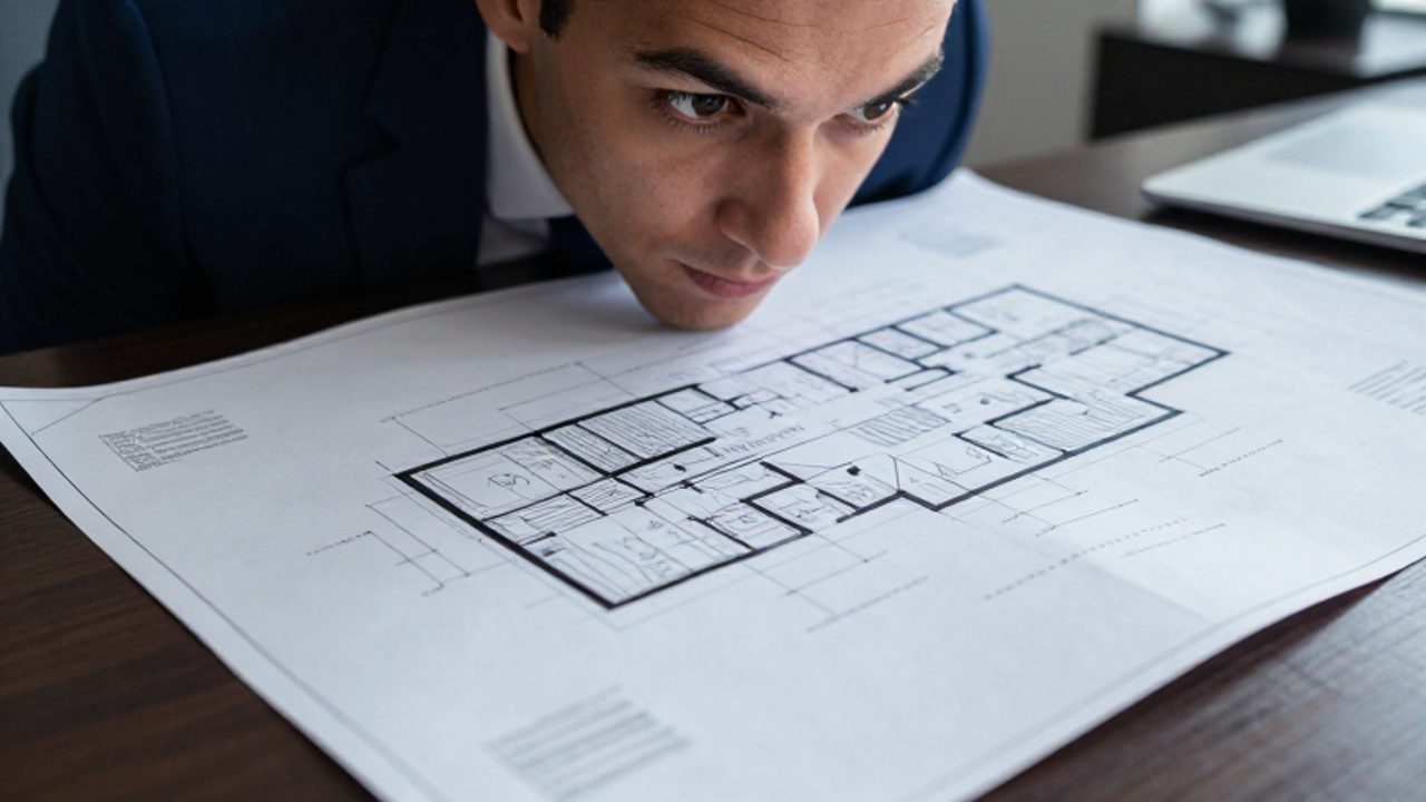 Persona profesional analizando con intensa concentración un plano arquitectónico complejo sobre un escritorio.