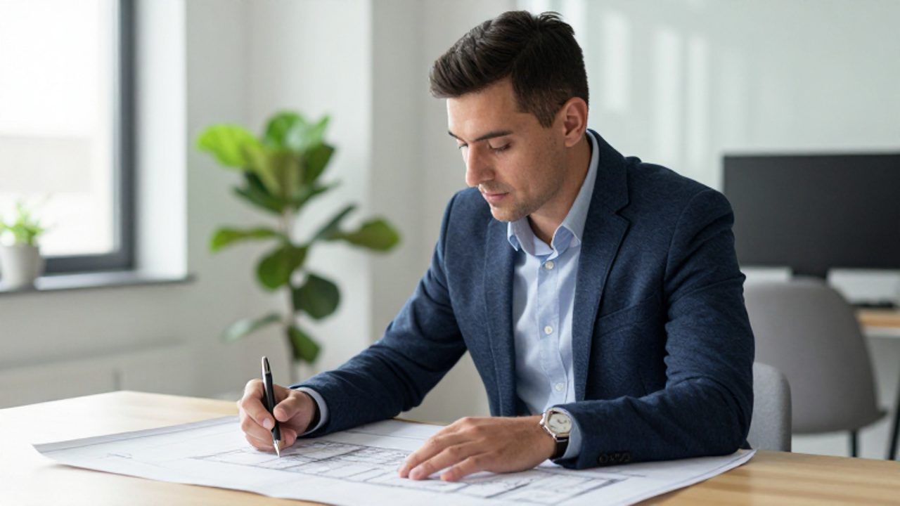 Un hombre analiza con concentración un plano arquitectónico sobre su escritorio en una oficina luminosa y moderna.