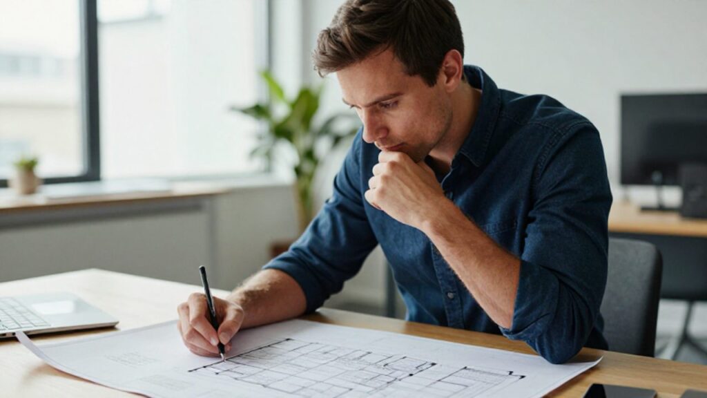 Un hombre profesional analiza con atención un plano arquitectónico detallado sobre un escritorio en una oficina moderna y luminosa.