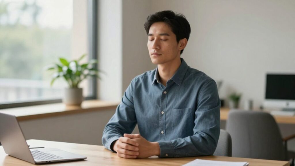 Hombre de unos 30 años sentado en un escritorio moderno con los ojos cerrados y expresión serena, practicando un momento de calma en su oficina.
