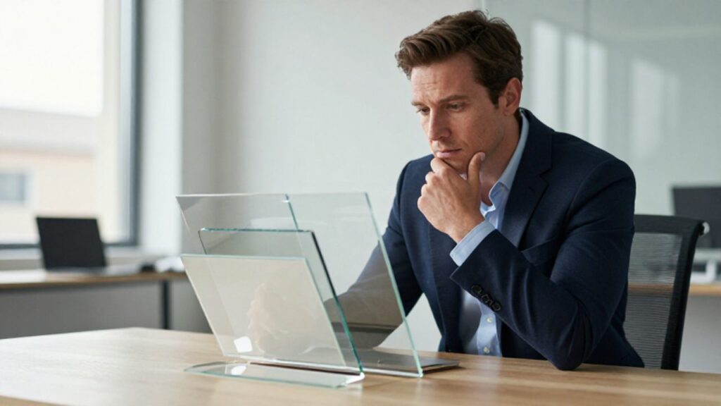 Hombre con expresión analítica observa paneles de cristal superpuestos que simbolizan diferentes distorsiones de la percepción mental.