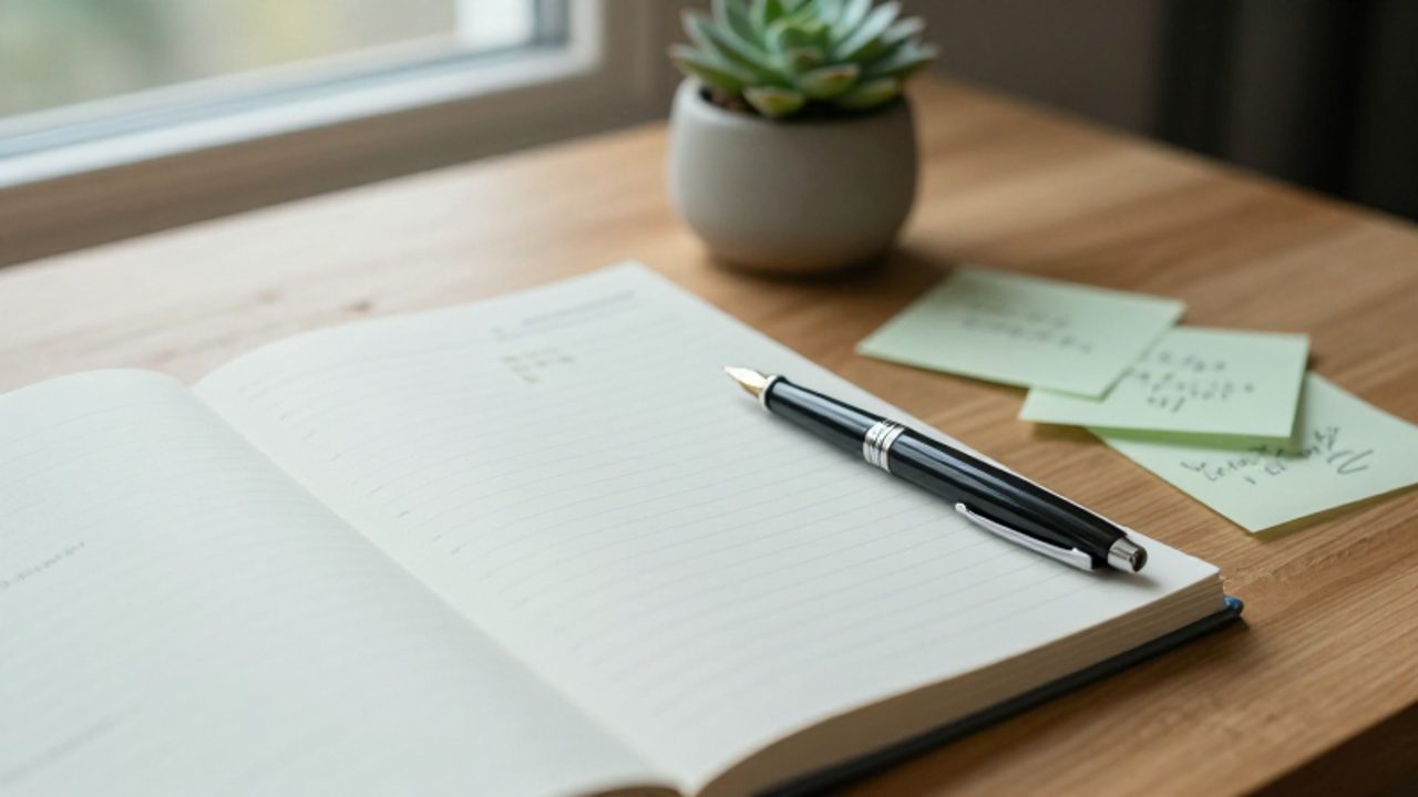 Agenda de papel y pluma estilográfica sobre un escritorio de madera con notas adhesivas dispersas que sugieren una reorganización de tareas.