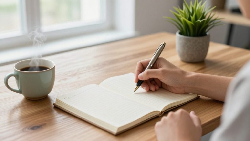 Una mano sostiene una pluma sobre una agenda abierta en un escritorio ordenado con café y una planta, transmitiendo una sensación de calma y organización.