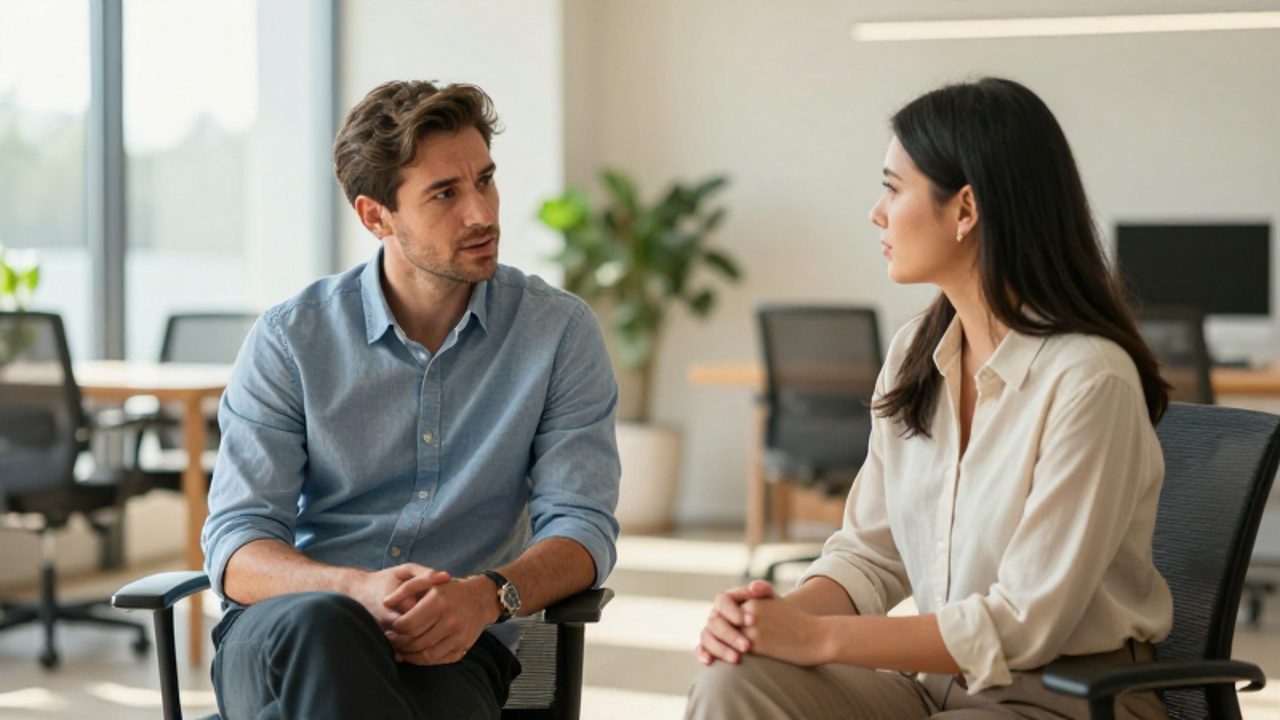 Dos colegas conversan de manera relajada y empática en una oficina moderna, mostrando una actitud de escucha activa y respeto mutuo.