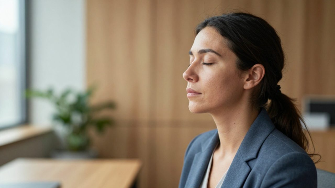 Mujer profesional con los ojos cerrados practicando respiración profunda en una oficina tranquila para gestionar el estrés.