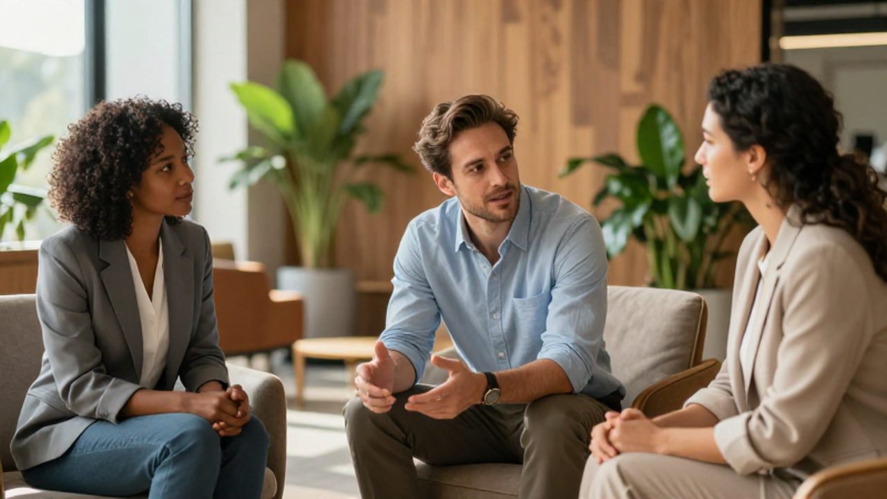 Tres profesionales conversan de forma cercana y empática en una oficina moderna y luminosa, transmitiendo una sensación de apoyo y conexión.