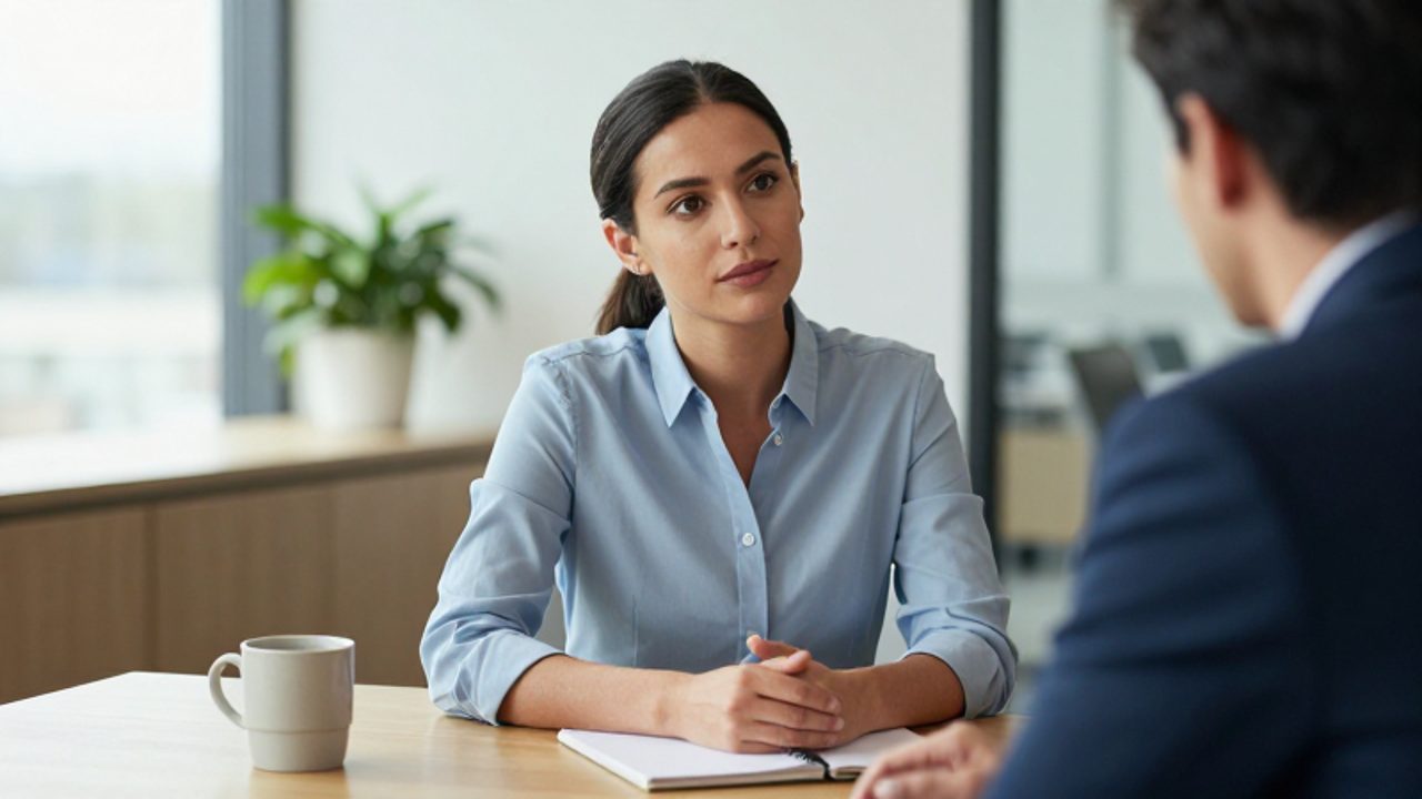 Mujer profesional mantiene una conversación tranquila y segura con un colega en una oficina iluminada.