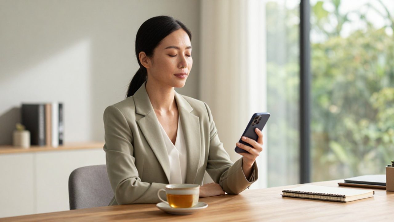 Mujer sentada en su oficina practica un momento de pausa y respiración frente a su smartphone para gestionar sus impulsos.
