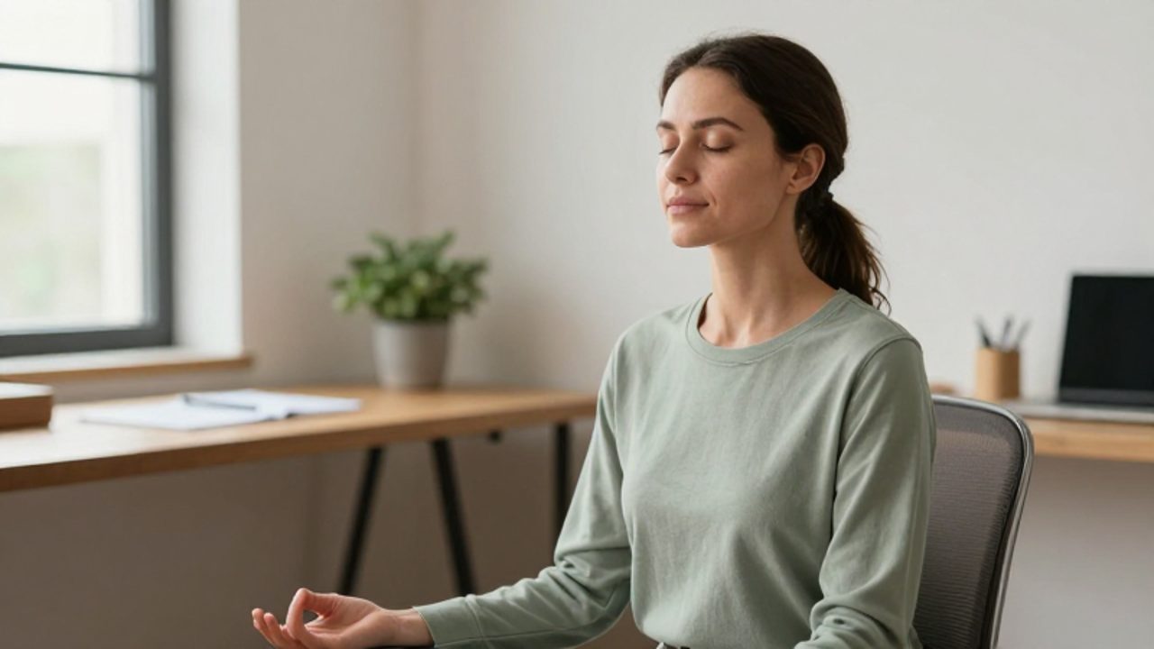 Mujer con expresión serena practicando ejercicios de respiración consciente sentada en una oficina luminosa y ordenada.