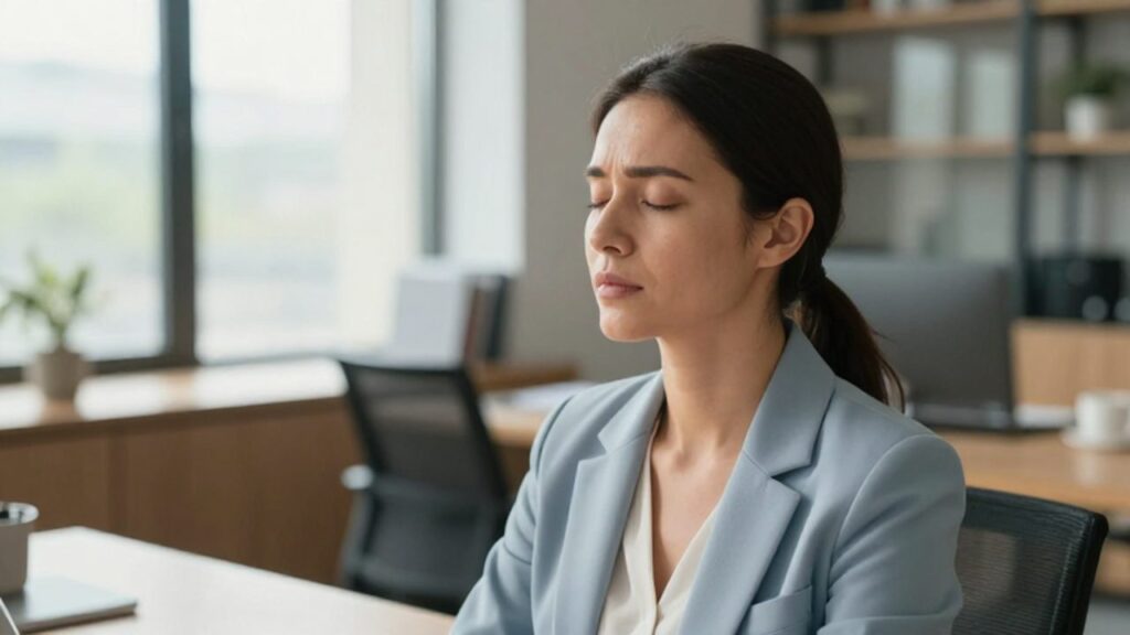 Mujer con expresión serena sentada en una oficina luminosa, practicando una respiración profunda con los ojos cerrados.
