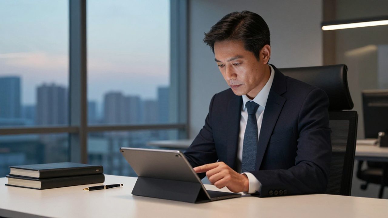 Un hombre profesional analiza con concentración datos complejos en una tableta en un entorno de oficina minimalista.