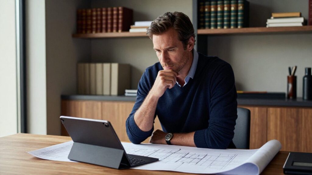 Hombre profesional en un escritorio moderno analizando un plano y una tableta con expresión reflexiva.