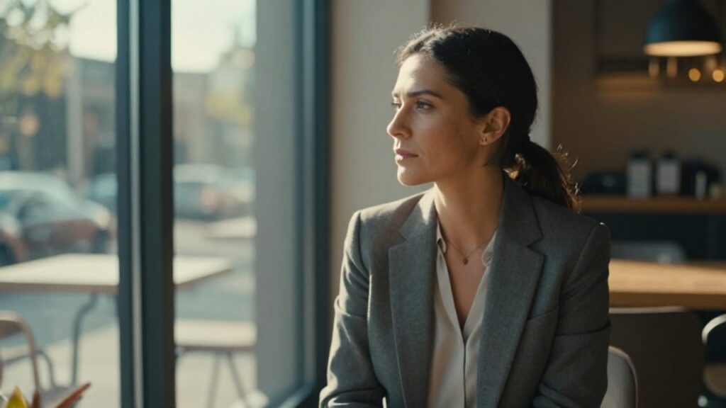 Mujer profesional sentada sola en un café moderno, mirando pensativamente por la ventana en un momento de introspección.