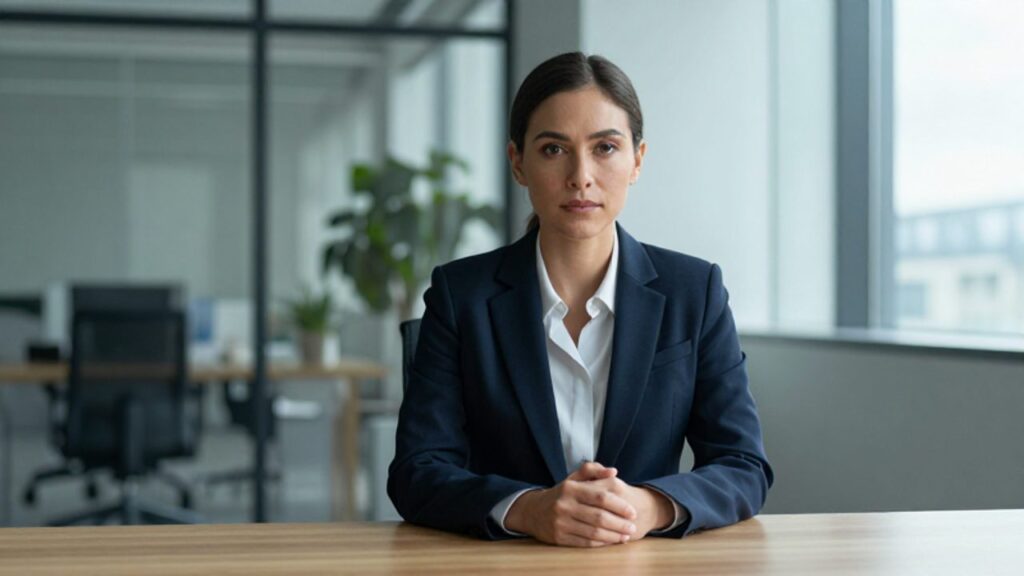 Mujer profesional de expresión calmada y asertiva sentada en una oficina moderna.