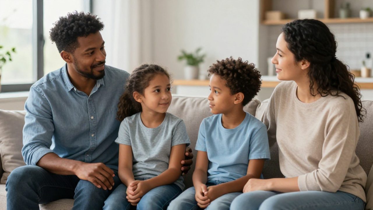 Una familia de cuatro integrantes se sienta unida en un sofá de una sala iluminada, compartiendo un momento de conexión y calma.
