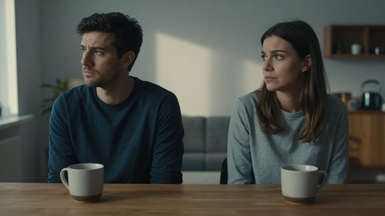 Un hombre y una mujer sentados a la mesa de un comedor, evitando el contacto visual para expresar una sensación de desconexión emocional.