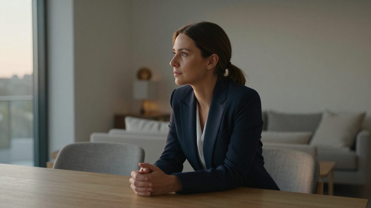 Mujer profesional sentada en una mesa de comedor con expresión reflexiva mientras mira por la ventana de un apartamento iluminado.