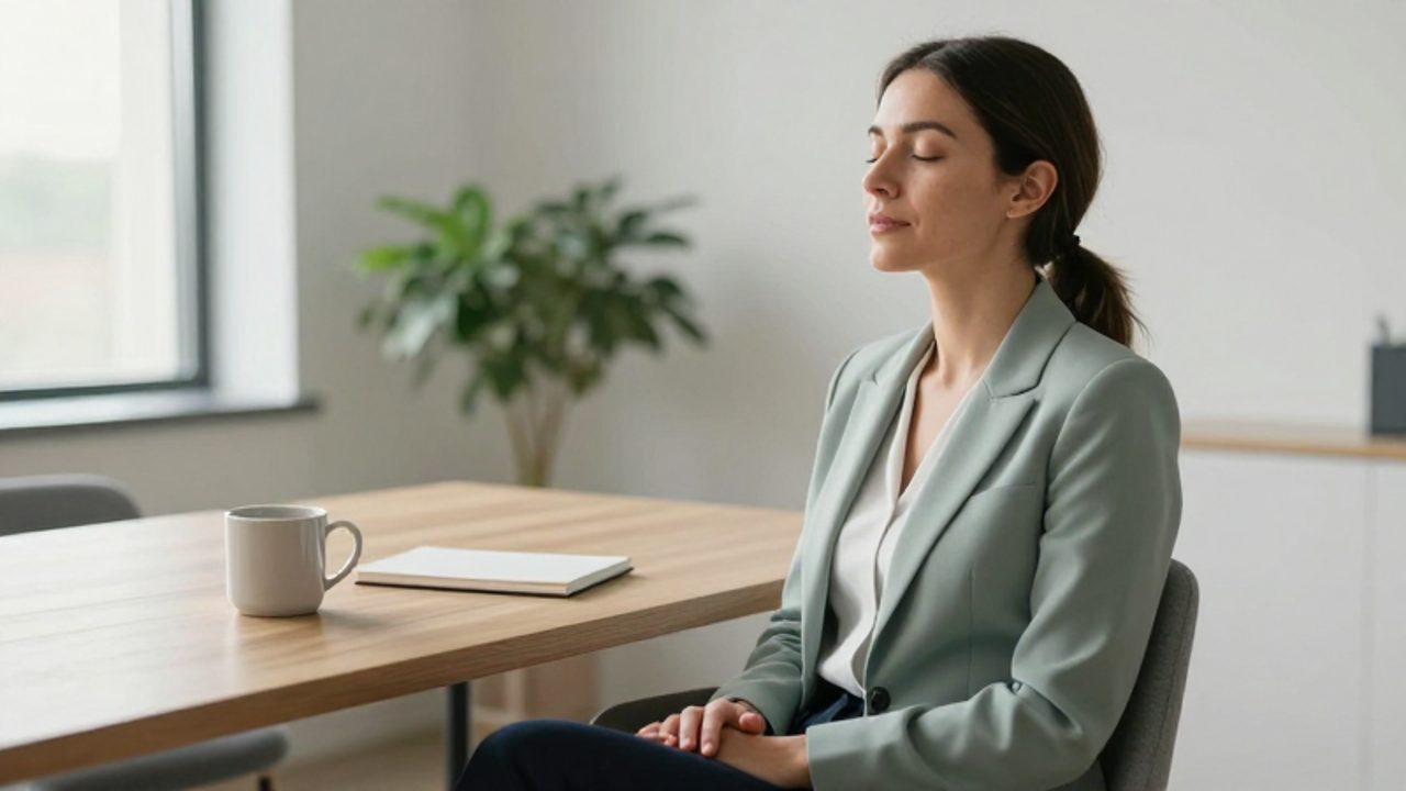 Mujer sentada en un escritorio despejado con los ojos cerrados y una expresión de calma, practicando un momento de reflexión en una oficina luminosa.