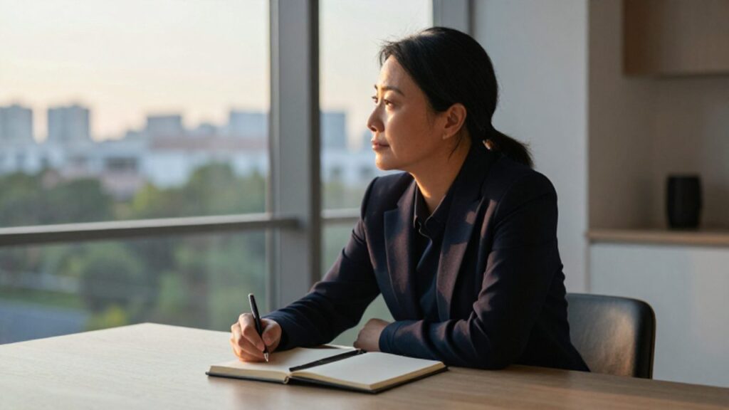 Persona de mediana edad sentada frente a un escritorio con un cuaderno abierto, mirando con expresión reflexiva hacia la ventana en una oficina iluminada por el atardecer.