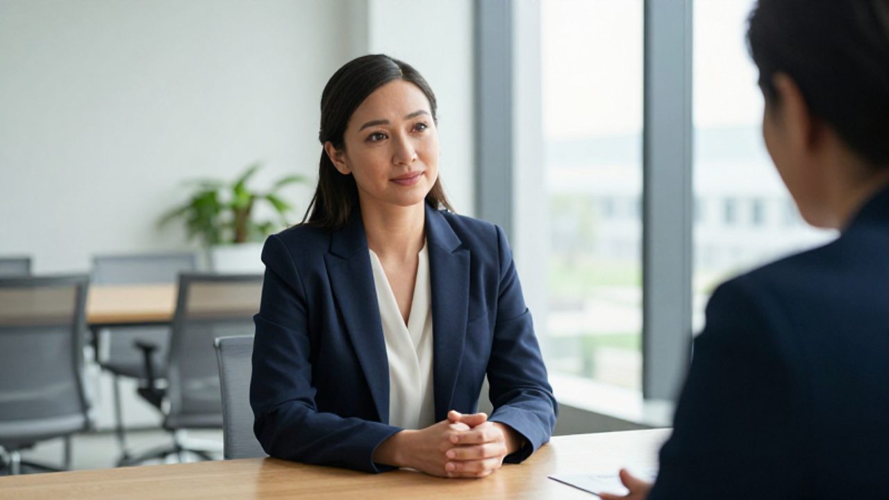 Mujer profesional mantiene una conversación empática y serena con un colega en una oficina iluminada, transmitiendo confianza y liderazgo ético.