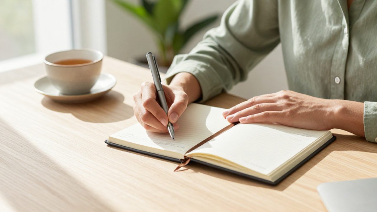 Una persona escribe con calma en un diario sobre un escritorio de madera en una oficina luminosa y tranquila.